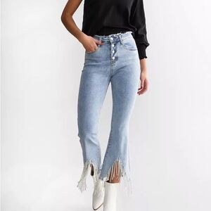 Elegant Light Blue Fringed Women's Jeans